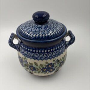 Hand-painted Ceramika Artystyczna Garlic Jar with Handles.  Blue Polish Pottery.